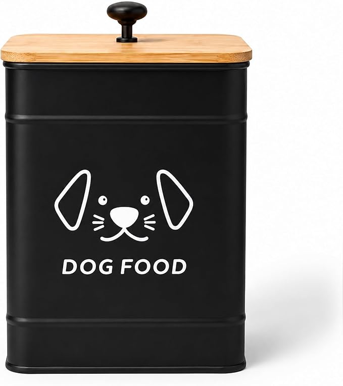 Dog Food Storage Container 25 Cups Airtight Metal Canister with Bamboo Lid | 5-7 lb Capacity, Pet-proof Lid Design, Durable Metal Body, Square Wide Opening, Pet Food Canister Dog Cookie Jar, Black