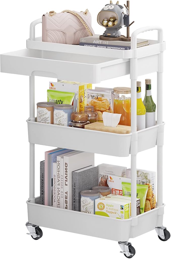 Calmootey 3-Tier Utility Cart with Drawer & Wheels, Storage for Home,Office | Space-Saving Organizer, Sturdy Plastic Shelves, Smooth-Rolling Metal Wheels, Built-in Drawer for Small Items, White