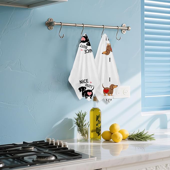 2 Pcs Dachshund Kitchen Towels 24x14 Inch, Dachshund Gifts Reusable Dish Towels for Kitchen Bathroom Decor, Waffle Weave I Love You Hand Cloth Tea Towel, Cute Dog Valentine's Gifts for Girlfriend Wife