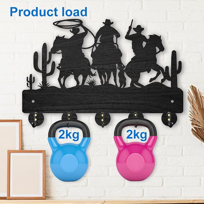 MAYJOYDIY Cowboy Horse Cactus Coat Hooks Wall Mount 11.8×7.9inch Desert Decorative Hooks Rack Wall Art Decor Black Wooden Western Cowboy Key Holder for Wall 5 Alloy Hooks for Kitchen Entryway Gifts