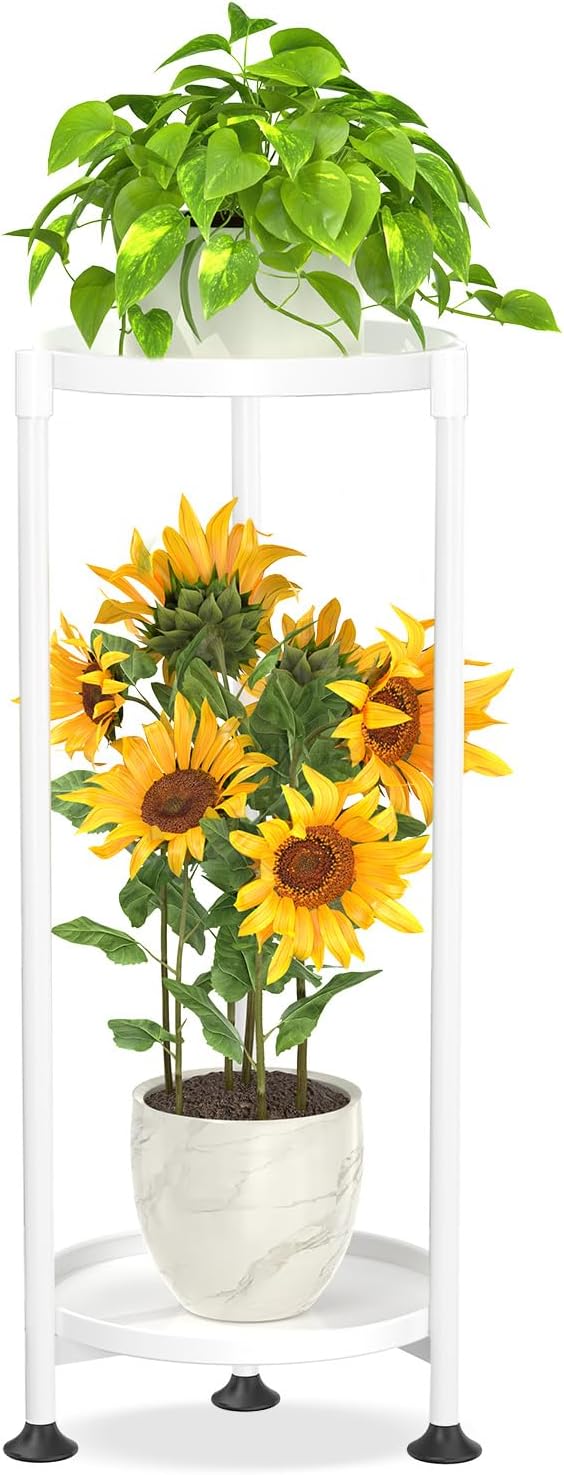 KMOTASUO 2 Tier Metal Plant Stand Tall for Indoor Outdoor Corner, White | Heavy Duty Flower Holder Rack, Modern Vertical Iron Shelf for Patio Bathroom Office Garden