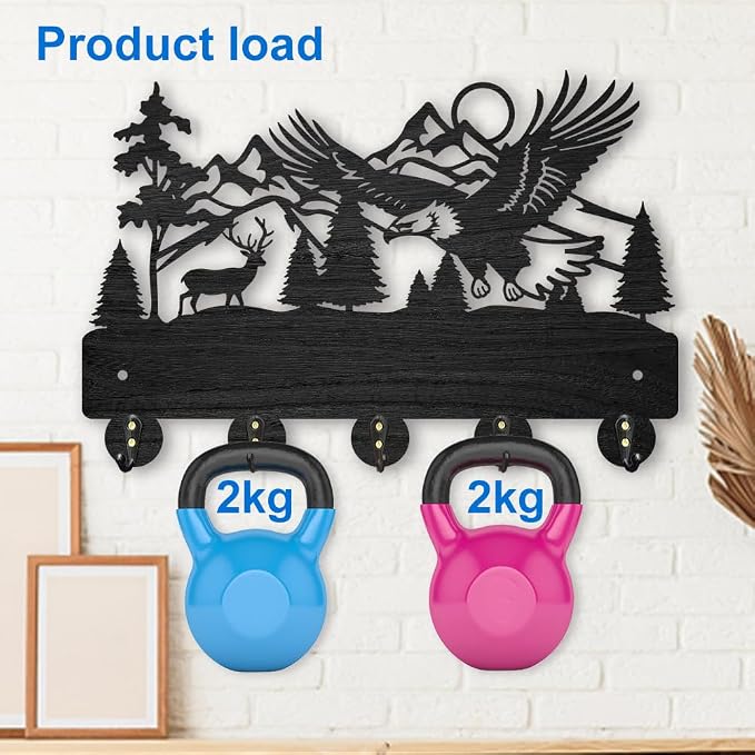 MAYJOYDIY Eagle Deer Forest Coat Hooks Wall Mounted 11.8×7.9inch Black Wooden Eagle Key Holder for Wall 5 Alloy Hooks Wall Art Decor Deer Hangers for Towel Key Kitchen Bedroom Entryway Gifts