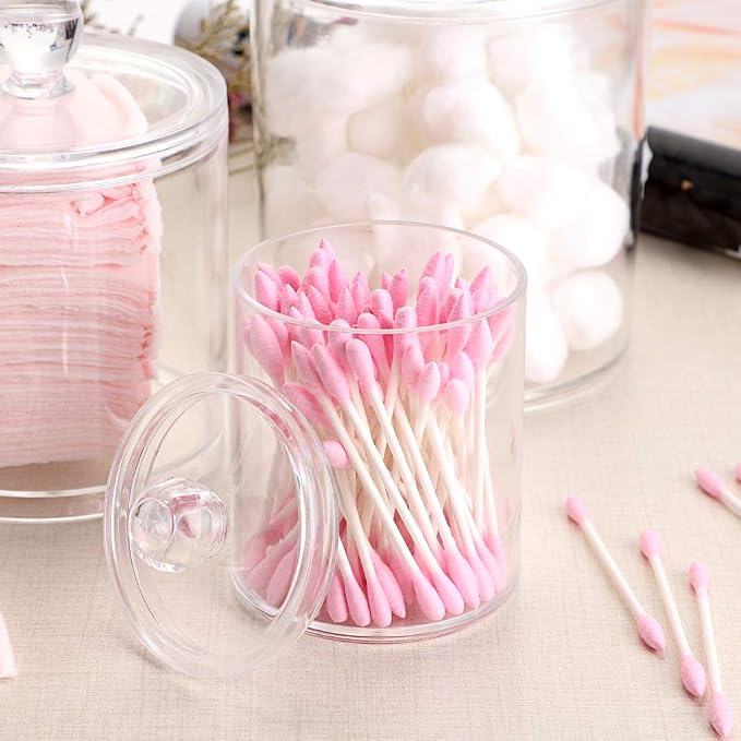 Hipiwe Set of 3 Cotton Ball and Swab Organizer Acrylic Q-Tips Jar with Lid | Clear Apothecary Jar Makeup Organizer Holder, Bathroom Vanity Storage Canister for Cotton Rounds and Pads