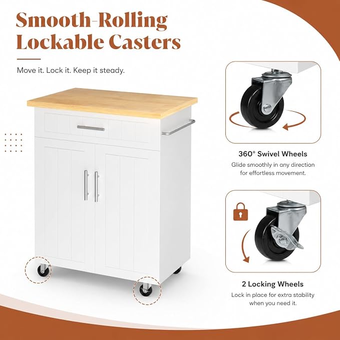 JY QAQA 26" Rolling Kitchen Island Cart on Wheels, Mobile Storage Cabinet with Adjustable Inner Shelves, Kitchen Prep Cart with Towel Rack & Lockable Casters for Small Apartment Kitchen, White