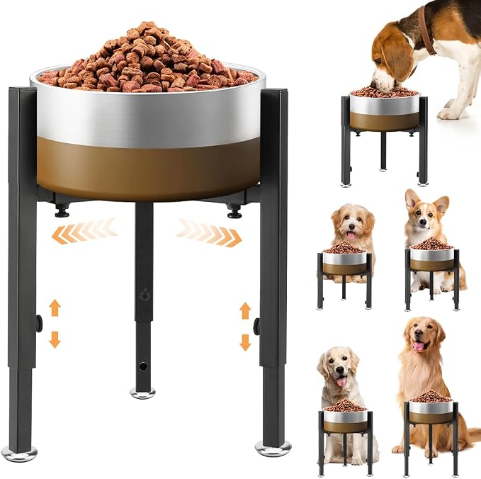 Single Upgrade Metal Dog Feeder Supports, 4 Adjustable Heights 8-14.5" Width 7-10.6", Non-Slip and No Spill Raised Pet Bow Holder for Small Medium Large Dogs(Bowl Not Included)