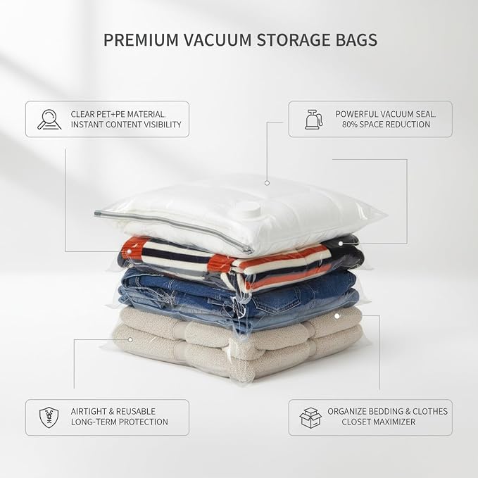 Vacuum Storage Bags for Clothes and Bedding, Clear Space Saver Bags with Valve, Reusable Compression Organizer (1 Pack)