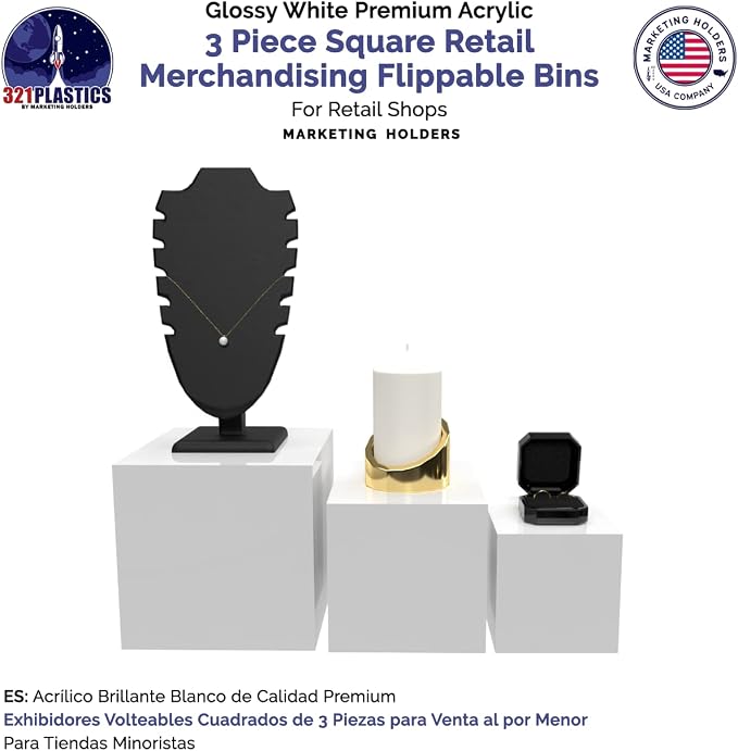 6 Pack Acrylic Display Riser Boxes White 3 Piece Retail Product Riser with Hollow Bottom 4", 5", 6" High Nesting Bins One Open Side Merchandise Storage Box POP Showcase by Marketing Holders