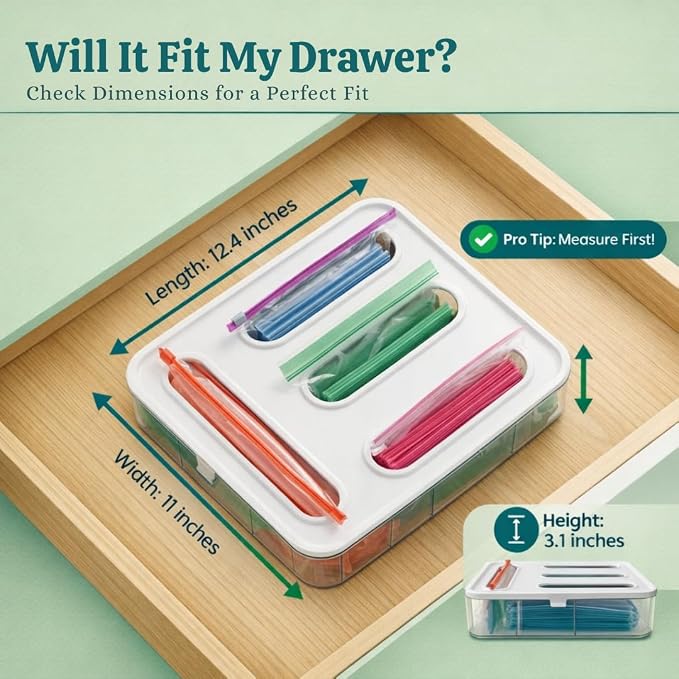 Food Storage Bag Organizer – 4-in-1 Plastic Baggie Organizer for Drawer | Fits Sandwich, Snack, Gallon, Quart & Slider Bags | Kitchen Storage Organizer | Wall & Drawer Mount