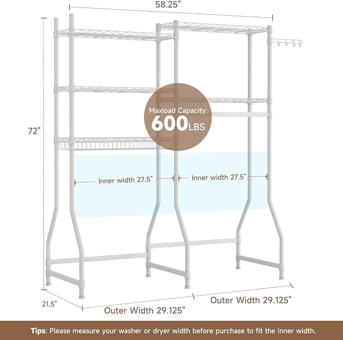 Golpart Laundry Organizer Shelves Over the Washer and Dryer Storage Shelf | Heavy Duty Laundry Room Organization Clothes Drying Rack Adjustable Height Wire Shelving and Wire Basket with Hanger Rod