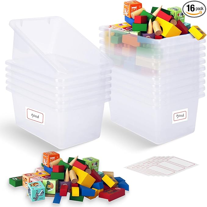 16-Pack Clear Classroom Storage Bins, Plastic Cubby Book Bins for Classroom Organization, Book & Toy Storage Organizer, Perfect for Classroom Library, Shelves, STEM Centers, Daycare & Homeschool