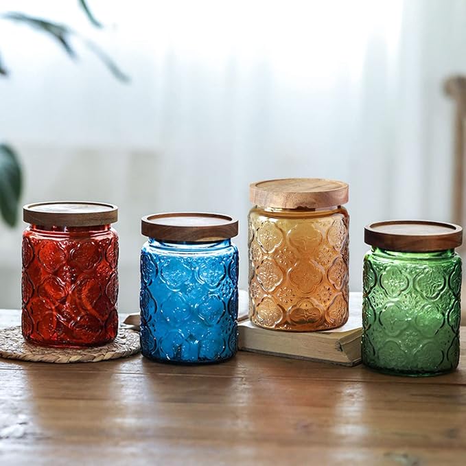 4 Pack Vintage Glass Storage Jars, 23.7 oz Begonia Flower Kitchen Canisters | Coffee Bean Container, Tea Organizer, Sugar Holder, Candy Cookie Keeper, Pantry Countertop Decor, Laundry Detergent Organizer