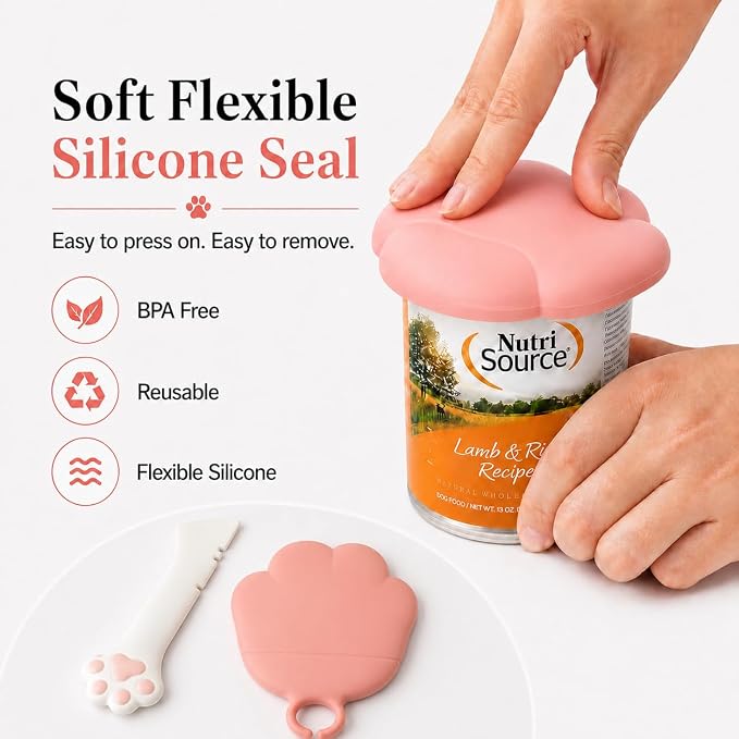 Meow&Woof Cat Food Can Lids and Spoon, Silicone Pet Food Can Covers for 3 oz, 5.5 oz, 12 oz & 13 oz Cans, Reusable Wet Food Storage Lid with Scraper Spoon for Cats and Dogs, Pink