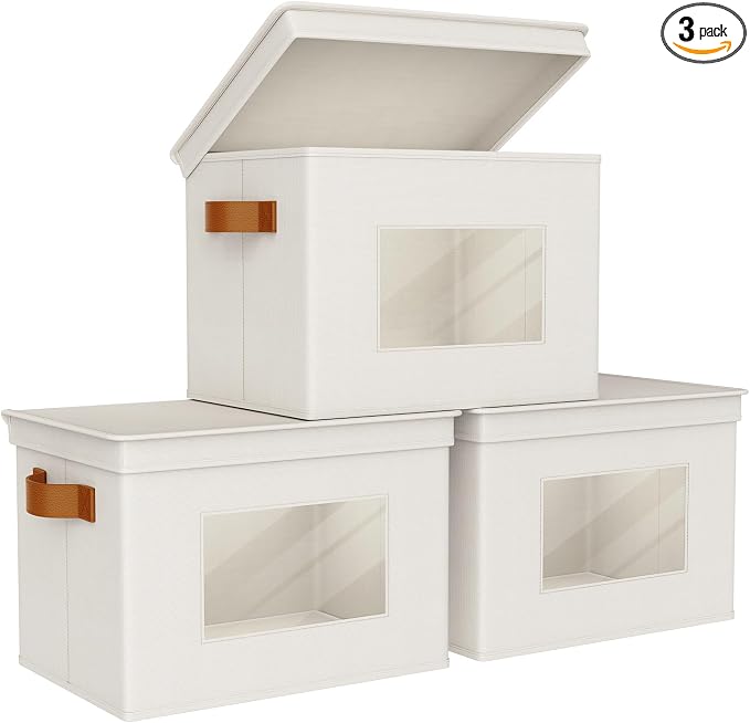 Univivi Fabric Storage Bins with Lids for Clothes 3 Pack, Beige | 17 x 12 x 12 In Foldable Storage Boxes with Handles, Clear Window, Closet Organizers for Home, Bedroom