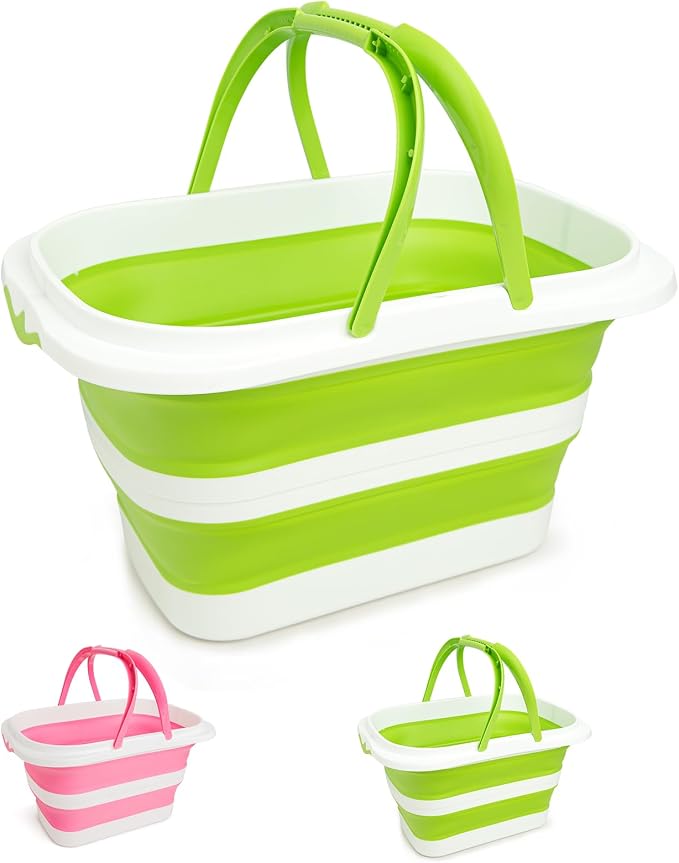 Large Collapsible Bucket for Cleaning,4.2 Gallon/16L,Green White | Foldable Space-Saving,Silicone,Handle & Hanging Hole,for Cleaning,Mop,Home,Storage,Car Wash,Camping,Beach