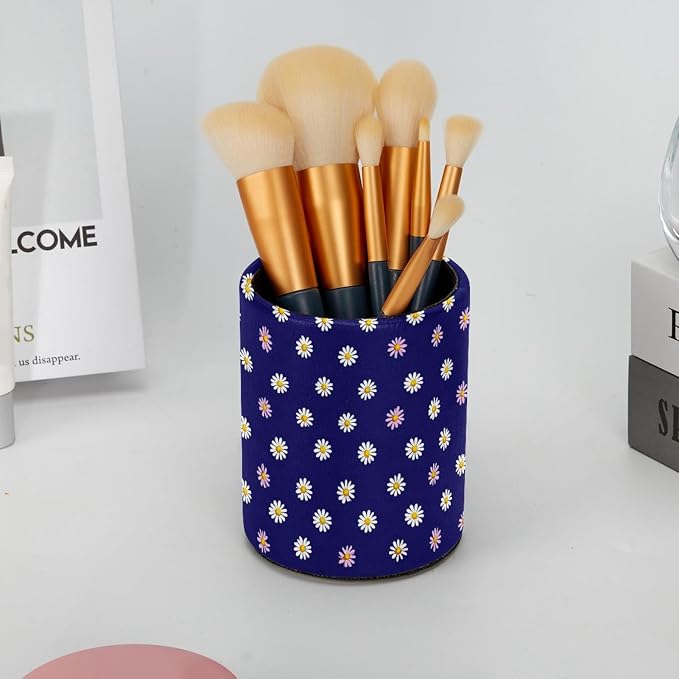 Faux Leather Pen Holder for Desk, Pencil Organizer Daisy Pen Cup Desk Decor Makeup Brush Holder Storage for Office Home