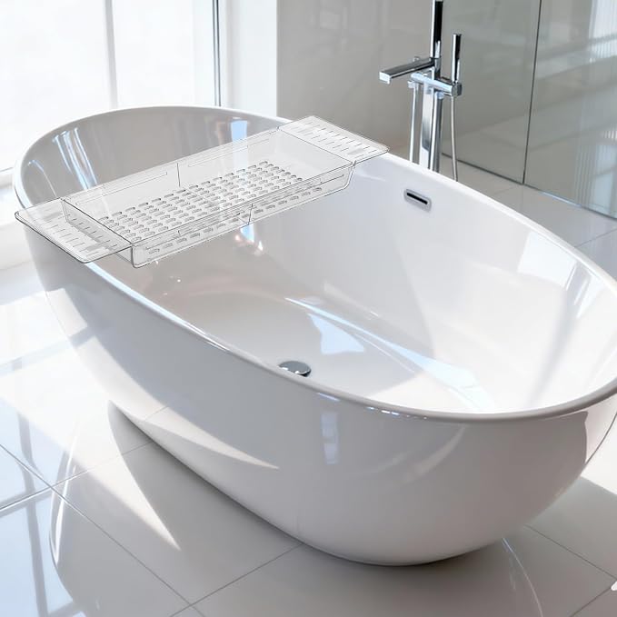 Expandable Bath Tub Tray Caddy with Retractable Design, Pet Plastic Multifunctional Storage Organizer for Spa and Travel, Lightweight Rectangular Bath Shelf for Women