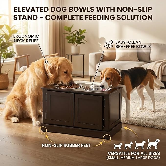 Dog Feeding Station with Storage, 2 Stainless Steel Bowls, Coffee, Elevated Dog Bowl Holder, Dog Feeder Stand, Wooden Dog Food Organizer for Indoor, Dog Food Storage Cabinet