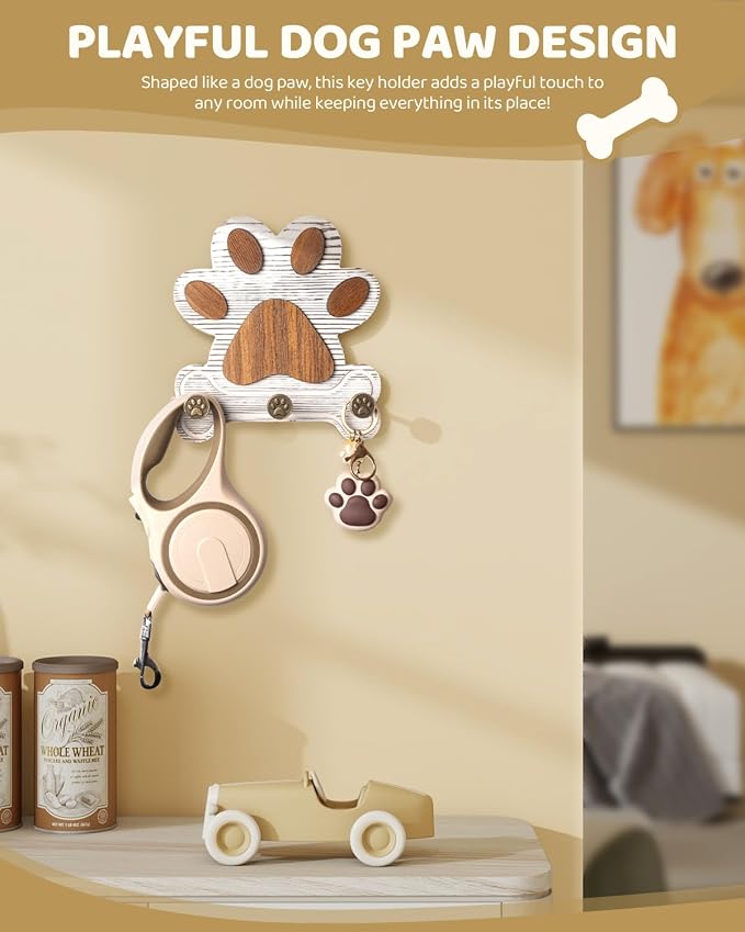 MTERSN Pine Wood Dog Leash Holder for Wall - Dog Lover Gift, White | 3 Wall Hook, Unique Dog Paw Shape, 3D Dog Leash Hooks for Keys, Rustic Accent for a Cute Dog Corner, Apartment Wall Decor
