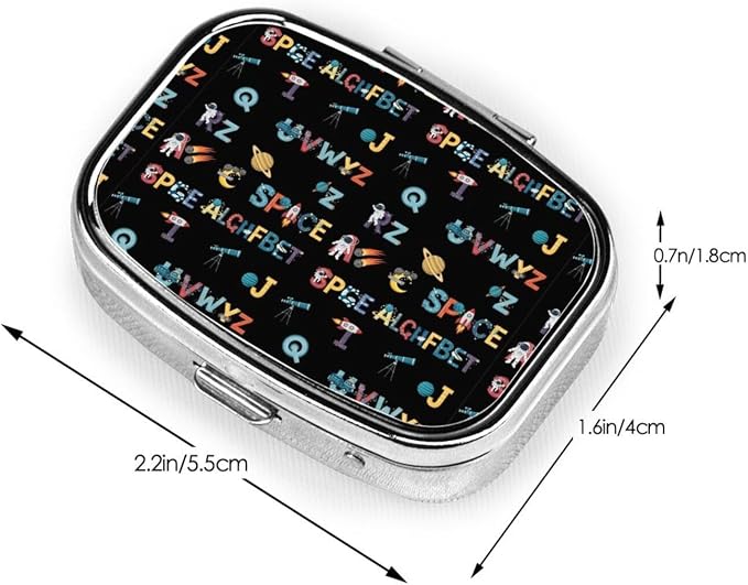 AM/PM Pill Organizer Small Travel Case Medication Reminder Supplement Box Nurse, Space Solar System Galaxy Science Rocket Planet Astronaut English Alphabet