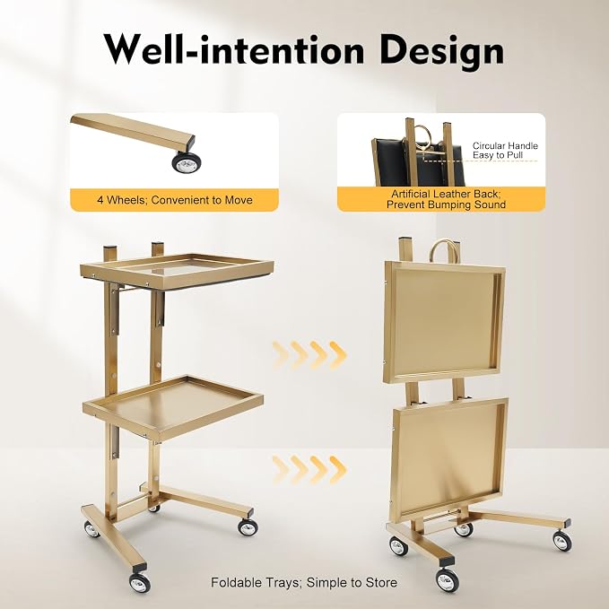 2 Tiers Salon Tray on Wheels for Beauty Salons and Pet Shops Gold | Stainless Steel, H-Shaped Base, Foldable Trays for Easy Storage, Rounded Edges for Safe Handling, Circular Handle for Lifting