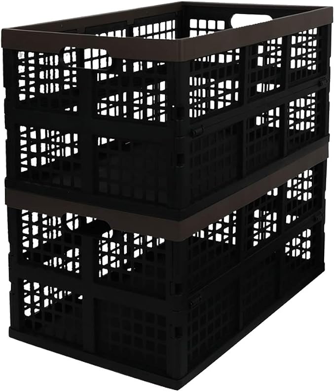 Morcte 3-Pack 42 L Collapsible Storage Crates, Stacking Storage Basket | Plastic crates, 42L large capacity, stackable & foldable, ventilated grid design, for home, office, garage storage