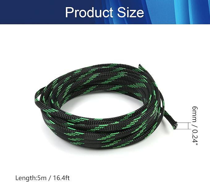 Jutagoss PET Expandable Braided Cable Sleeve, 16.4ft - 1/4 inch Black Fluorescent Green Cable Management Sleeve, Wire Loom Tube Cord Protector for USB Cable, Power Cord, Audio Video and More, 1Pc