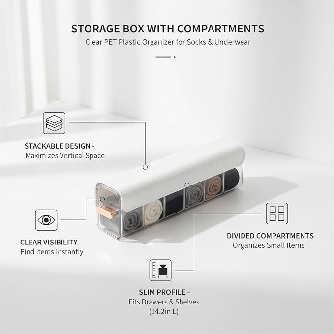 Clear PET Plastic Storage Box with Dividers, Stackable Organizer for Socks & Underwear, Wall-Mountable Drawer Bin for Closet & Bathroom (1 Pack)