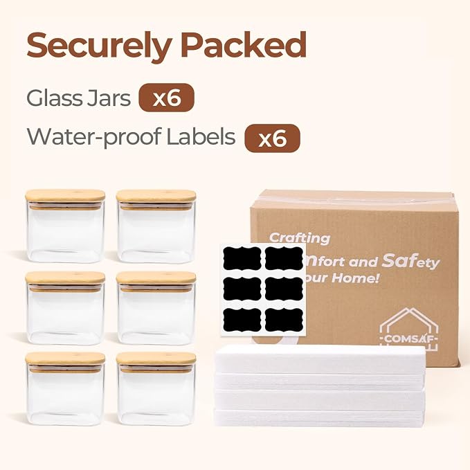 ComSaf Small Glass Containers with Lids 0.7 Qt, Set of 6 Glass Storage Jars | Rectangle Glass Pantry Storage Container, Kitchen Canister, Cookie, Snack Station Organization, Size For Subpackage, BPA Free