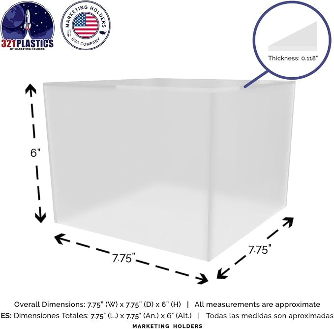 Frosted Acrylic Display Box Versatile 5 Sided Pedestal No Lid 7.75" x 7.75" x 6" Opaque Merchandise Storage Bin Retail Product Riser One Open Side by Marketing Holders