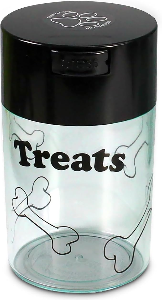 Tightpac Pawvac 1 to 6 Ounces Container, Airtight Pet Food and Treats Storage Jar - Patented Vacuum Seal Container for Pet Food, Treats and other Dry Goods - Clear with Treats