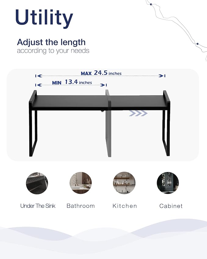 Nxconsu Expandable Shelf for Cabinets, Cabinet Shelf Riser, 8.6" Black | Heavy-Duty Organizer Metal Dish Riser for Cabinets Holds 50LBS and Expands 13.4 to 24.5 in for Kitchen Pantry Plate Mug Spice