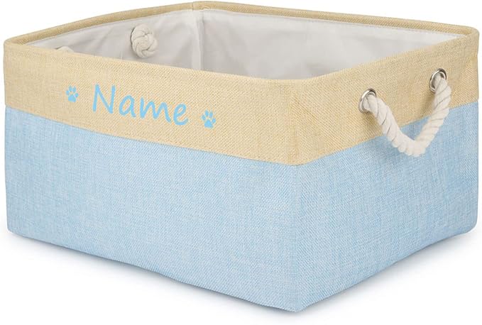 Personalized Pet Dog Toy Storage Foldable Bin Basket, Colorful Font Customized Pet's Name Box Organizer for Dog Toys、 Apparel & Accessories, with Weave Rope Handle(paw Light Blue-m)