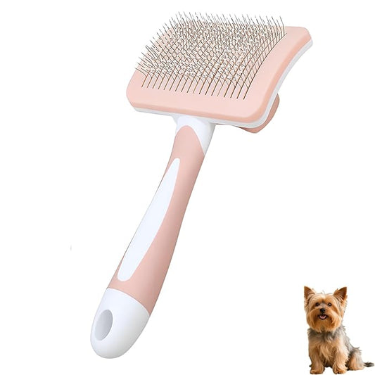 Self Cleaning Slicker Dog Brush for Small Long-Haired Breeds, One-Click Hair Removal, Puppy Essentials, Fit Yorkie, Shih Tzu, Maltese, Maltipoo, Pomeranian, Pet Grooming Tool (Pink)