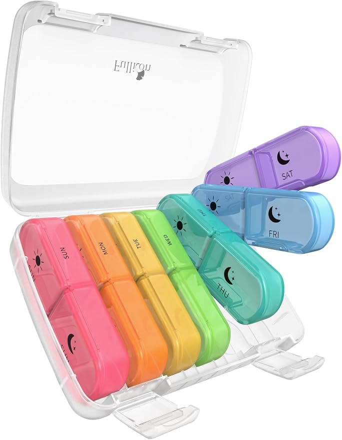 Fullicon Large Portable Pill Organizer 2 Times a Day, Clear Rainbow | Each Compartment Holds 10 Fish Oils or 16 Vitamins, Lid Stays Open Reliably, Double Secure Lock, Durable Hinges, Fits Purse