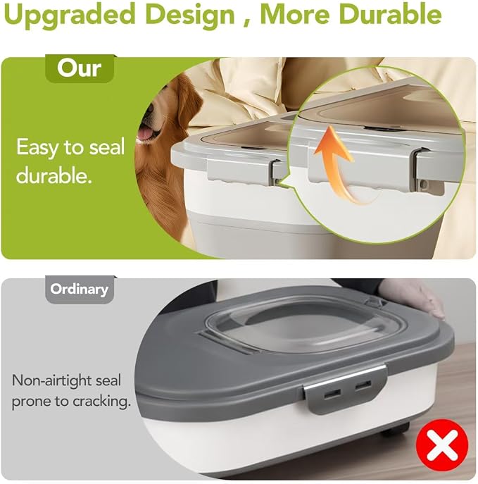 Summark 15 Lbs Dog/Cat Food Storage Container,Collapsible Food Storage Containers with Rolling Wheel Airtight Locking Lid,Pet Food Storage Container with Cup and Scoop,Grey