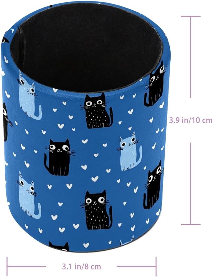Faux Leather Pen Holder for Desk, Pencil Organizer Cute Cat Pen Cup Desk Decor Makeup Brush Holder Storage for Office Home