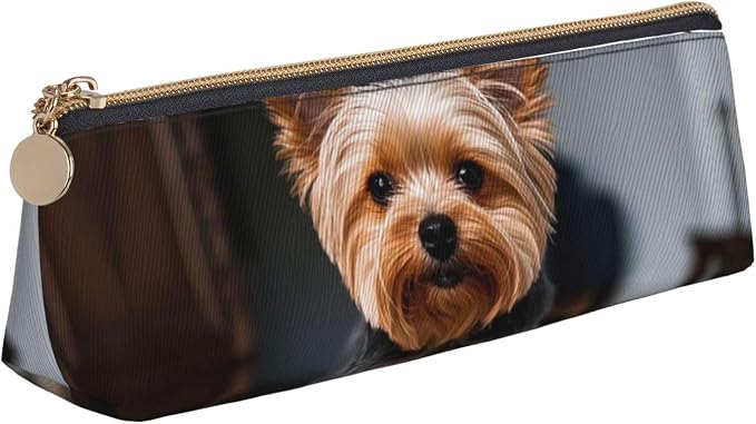 Leather Pen Case with Zipper - Aesthetic Pen Holder Cute Pet Yorkie Pencil Case for Women & Men - Handcrafted Pencil Bag Multi-Functional Travel Cosmetic Case for Work Office Tool Pouch
