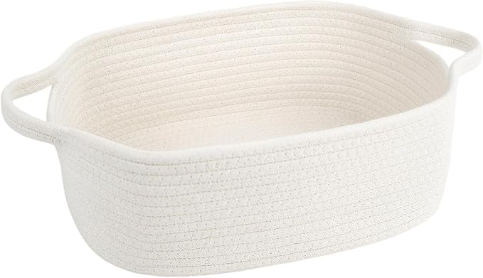 Cotton Rope Storage Basket with Handles, Natural Woven Basket, Decorative Rectangle Organizer Bin for Home, Nursery, Montessori, Dog Toy Storage and Bathroom Organization, White