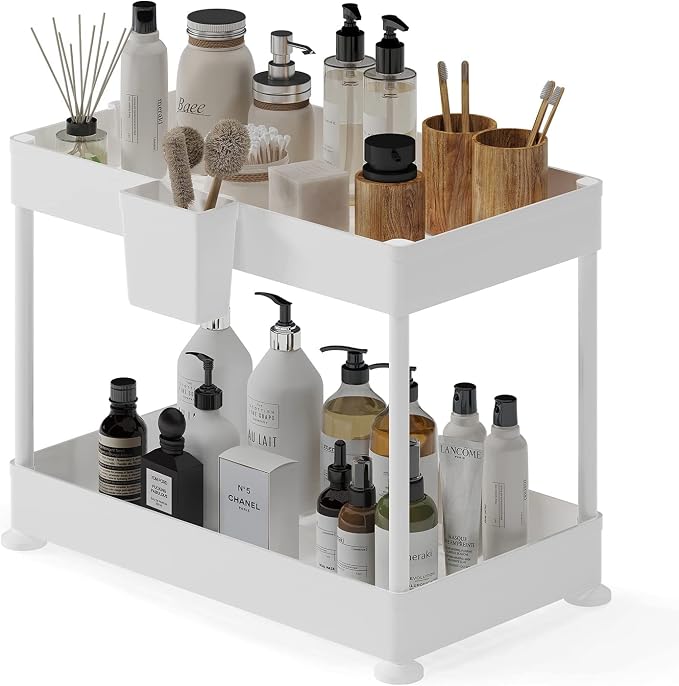 Under Sink Organizers and Storage | Bathroom Cabinet Organizer, Sink Shelf with Utility Hooks and Side Caddy for Under Cabinet Storage | Non Slip Grip Under Kitchen Sink Organizer, White (1-Pack)