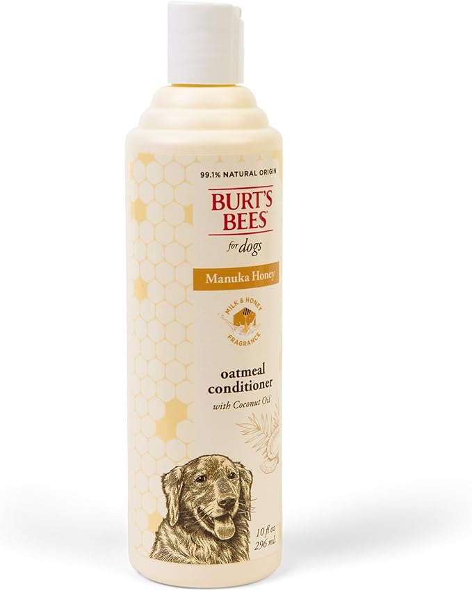 Burt's Bees for Pets Manuka Honey Oatmeal Conditioner for Dogs, Colloidal Oatmeal, 95%+ Natural Origin, No Sulfates, Parabens or Phthalates, Leaves Coat Soft & Shiny, Milk & Honey Scent, 10 Fl Oz