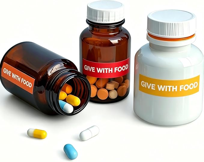 300PCS Give with Food Medication Instruction Labels, Color-Coded Self-Adhesive Veterinary Pharmacy Stickers for Medical Containers, Drugstore & Hospital Organization, 1.6 x 0.4 inch