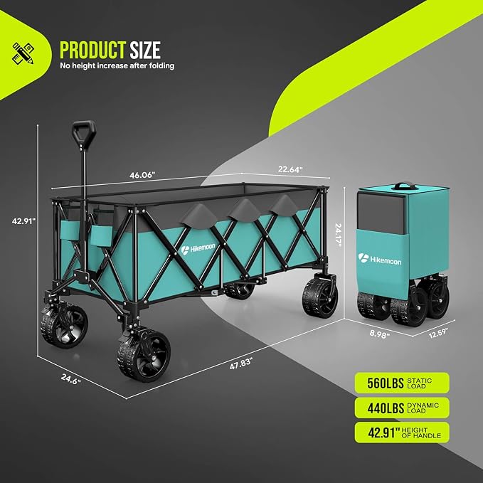 48'' Extra Large Collapsible Wagon, Big Wheels, 300L Turquoise | 560LBS Heavy Duty, Wagons Carts Foldable, All-Terrain, Brakes, Folding Cart, Utility for Beach/Camping/Garden/Sports/Grocery