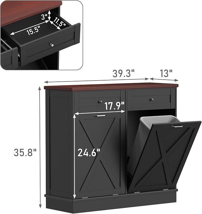 TOLEAD Double Tilt Out Trash Can Cabinet 2 x 10 Gallon Wooden Hidden Trash Cabinet with Barn Door & Solid Wood Top, Farmhouse Kitchen Garbage Bin Enclosure, Pet Proof Odor Blocking for Kitchen, Black