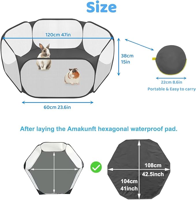 Amakunft 2 in 1 Small Animal Playpen with Waterproof Pad, Pop-Up Portable Play Yard for Guinea Pigs, Rabbits, Hamsters, Hedgehogs, Foldable Exercise Fence with Breathable Mesh for Indoor Outdoor Use