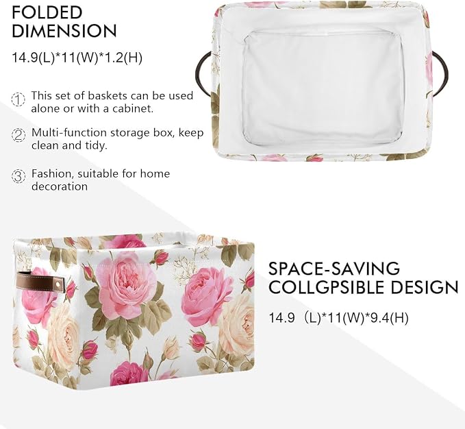 susiyo Large Foldable Storage Bin Floral Pink Roses Fabric Storage Baskets Collapsible Decorative Baskets Organizing Basket Bin with PU Handles for Shelves Home Closet Bedroom Living Room-1Pack