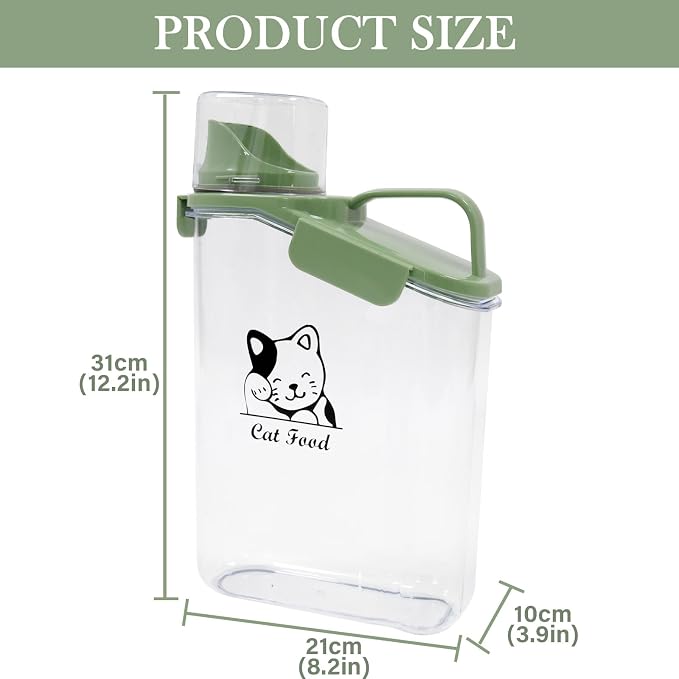 Geyecete dry cat food container with Measuring Cup & Pour Spout Portable-3 Qt/2.8 L Clear Plastic cat Food Jar Airtight Transparent-Green