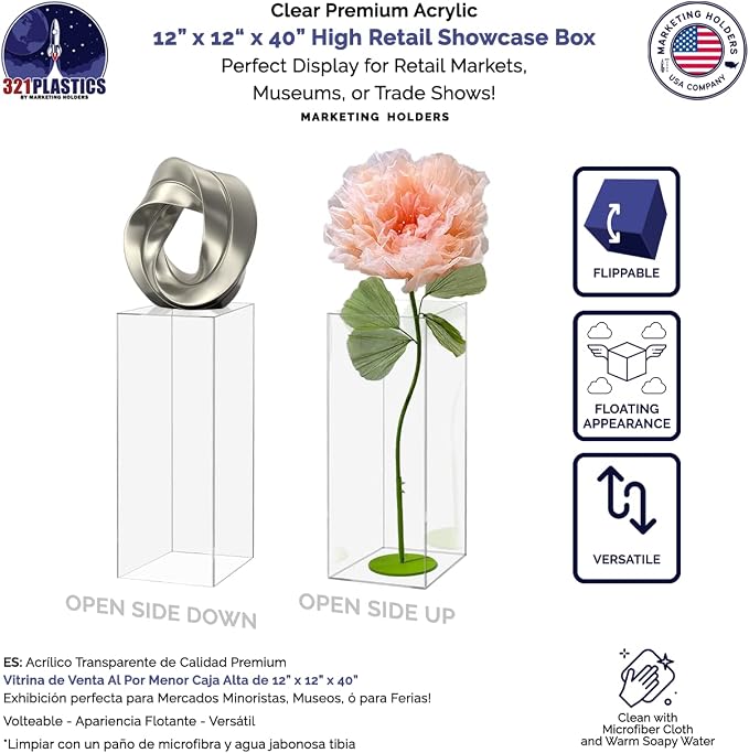 Marketing Holders Clear Platform Display Box 12x12x40 Inch Pedestal Cube No Lid Cover Trophy Trinket Acrylic Pillar Post Showcase Stand Expo Event Wedding Reception One Piece No Assembly