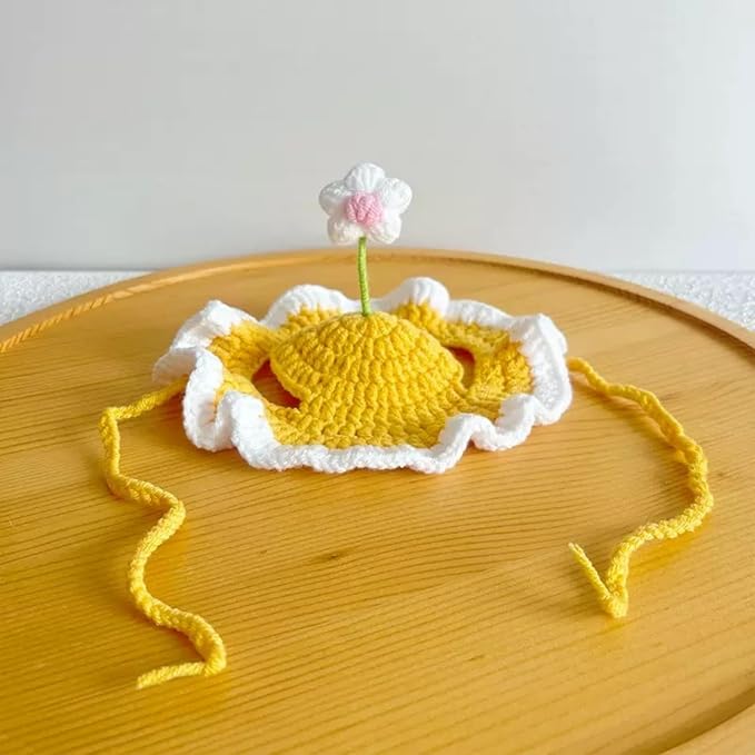 Handmade Cat Outfit – Yellow Flower Dog Hat & Strawberry Dog Costume for Cats,Rabbits and Small to Medium Dogs, Adjustable Cute Outfit for Cat Birthday, Holiday, Daily Wear & Photos