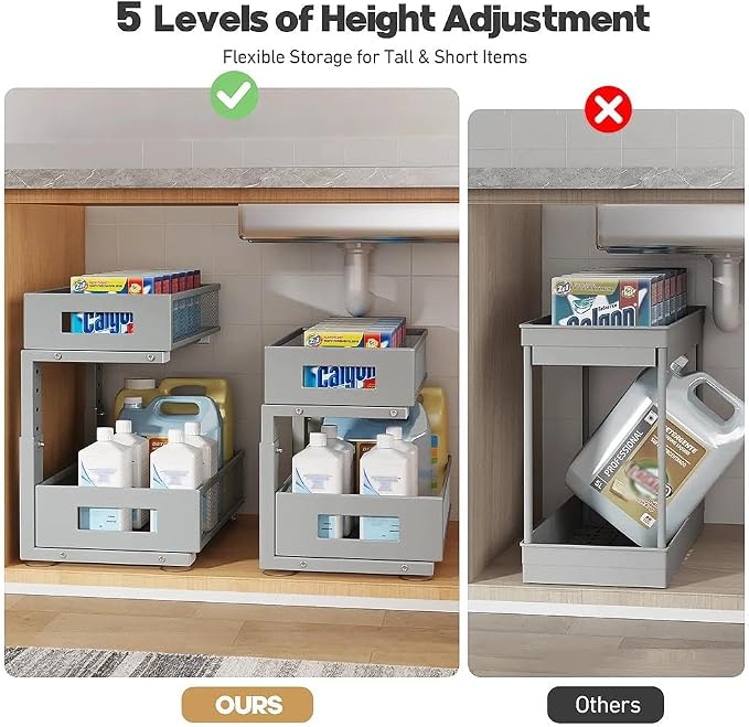 Under Sink Organizer, 2-Tier Dual Pull Out Cabinet Organizer Drawers With Smooth Circular Rail,Large Capacity Metal Mesh Sliding Shelves For Bathroom& Kitchen Storage,Height Adjustable–Gun Gray,1 Pack