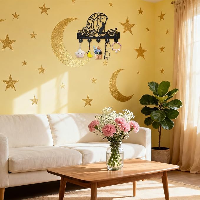MAYJOYDIY Cat Moon Flower Coat Rack Wall Mount Black Animal Wood Key Hanger | 11.8×7.9In Wood Mounted Hanger, Full Screw Anchor Spacer Screwdriver Kit, Sturdy 5 Alloy Hooks, Decorate Hallway Kitchen Wall